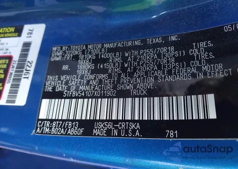 2007 Toyota Tundra Sr5 5.7L V8 из США, поврежденный, VIN 5TFBV54107X011902